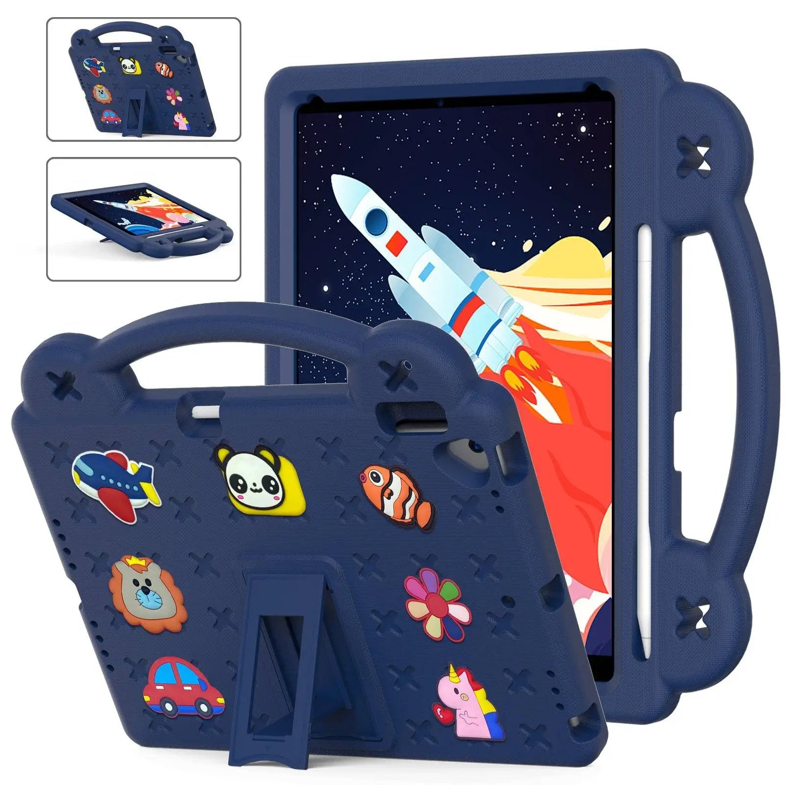 Durable Handle Kids iPad Mini 6 Protective Case in navy blue with a built-in stand and fun cartoon stickers, designed for children's easy handling and protection.